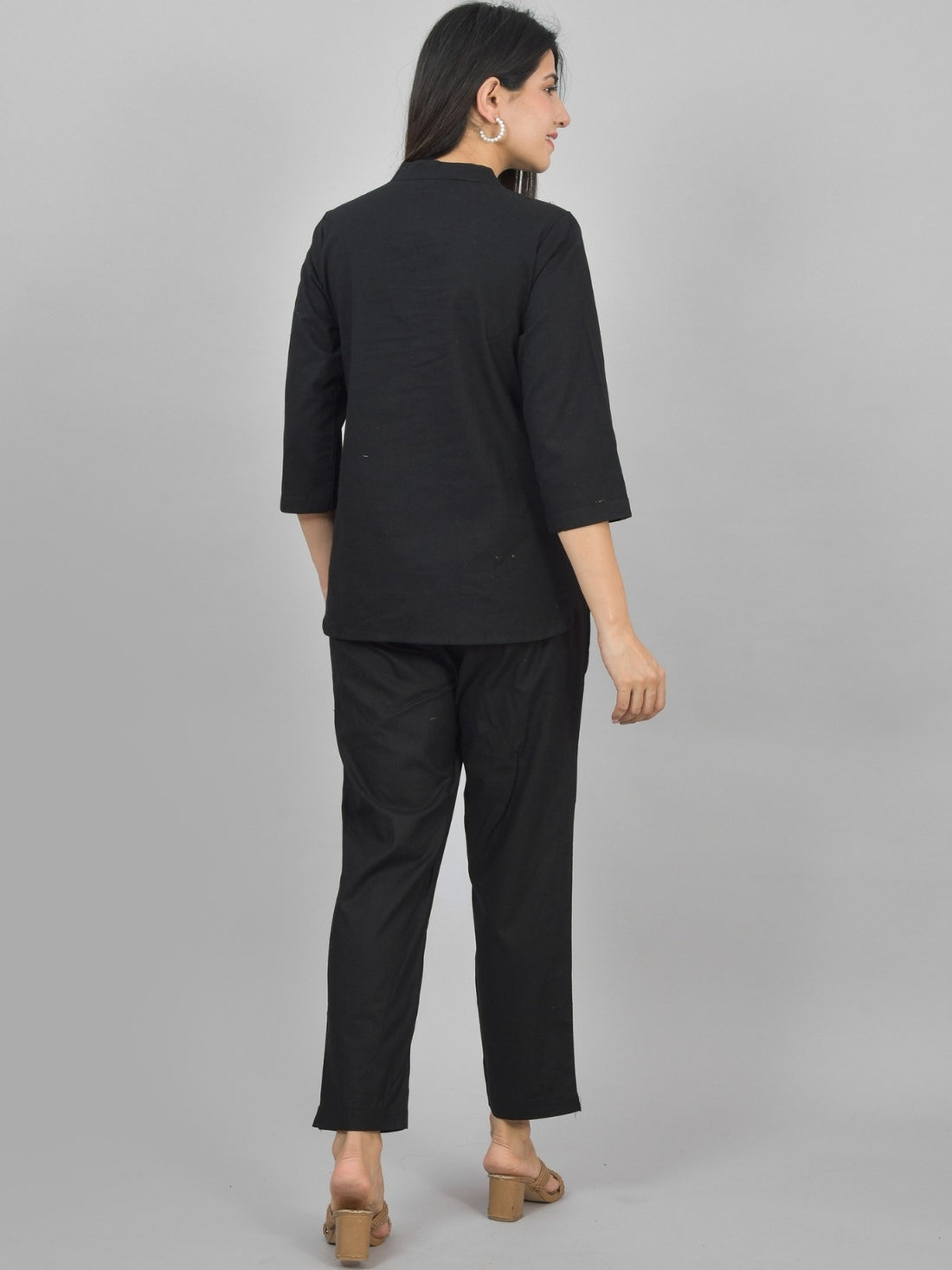 Womens Solid Black Cotton Top-Pyjama Co-Ords Set