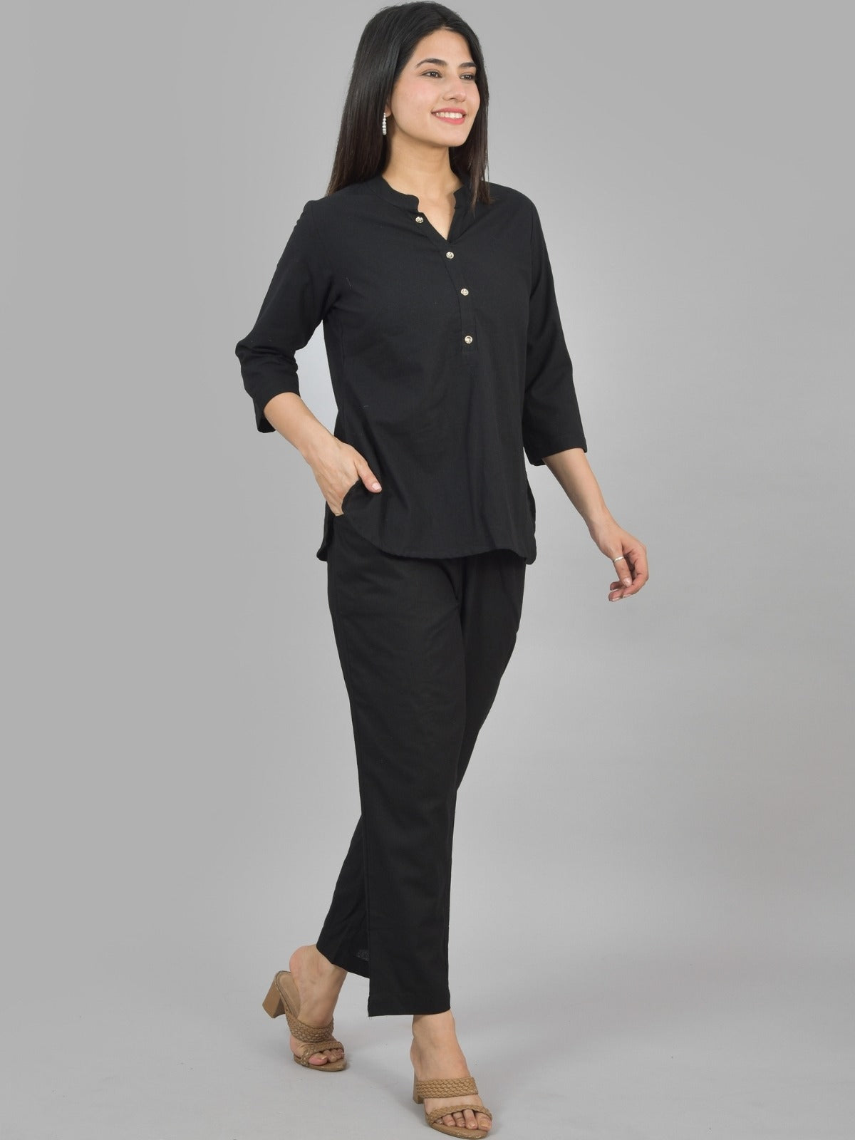 Quaclo Womens Solid Black Cotton Top-Pyjama Co-Ords Set