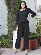 Womens Solid Black Cotton Co-Ords Set