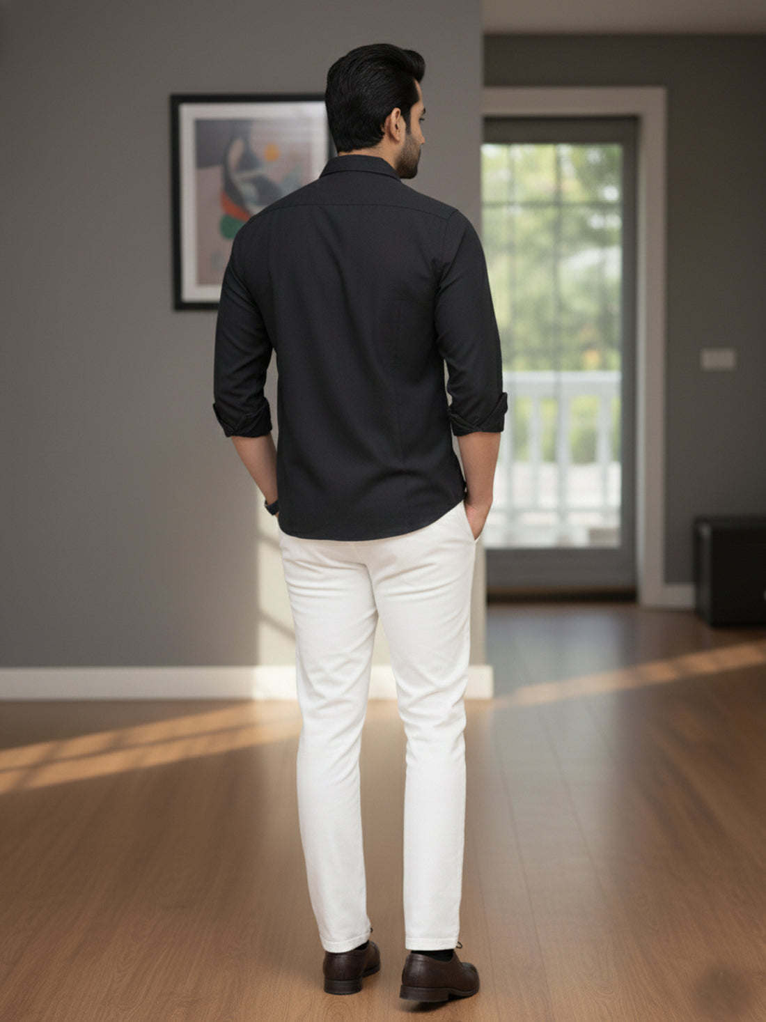 Mens Solid Black Full Sleeve Cotton Blend Shirt