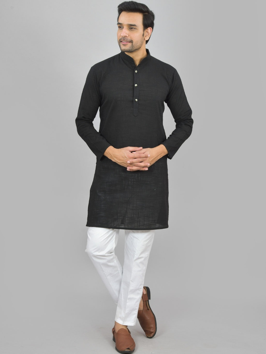 Mens Solid Teal Blue And Black Cotton Long Kurta Combo