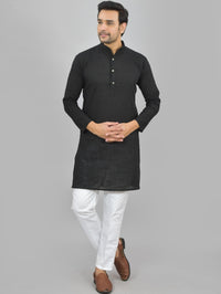 Quaclo Mens Solid Black Cotton Long Kurta