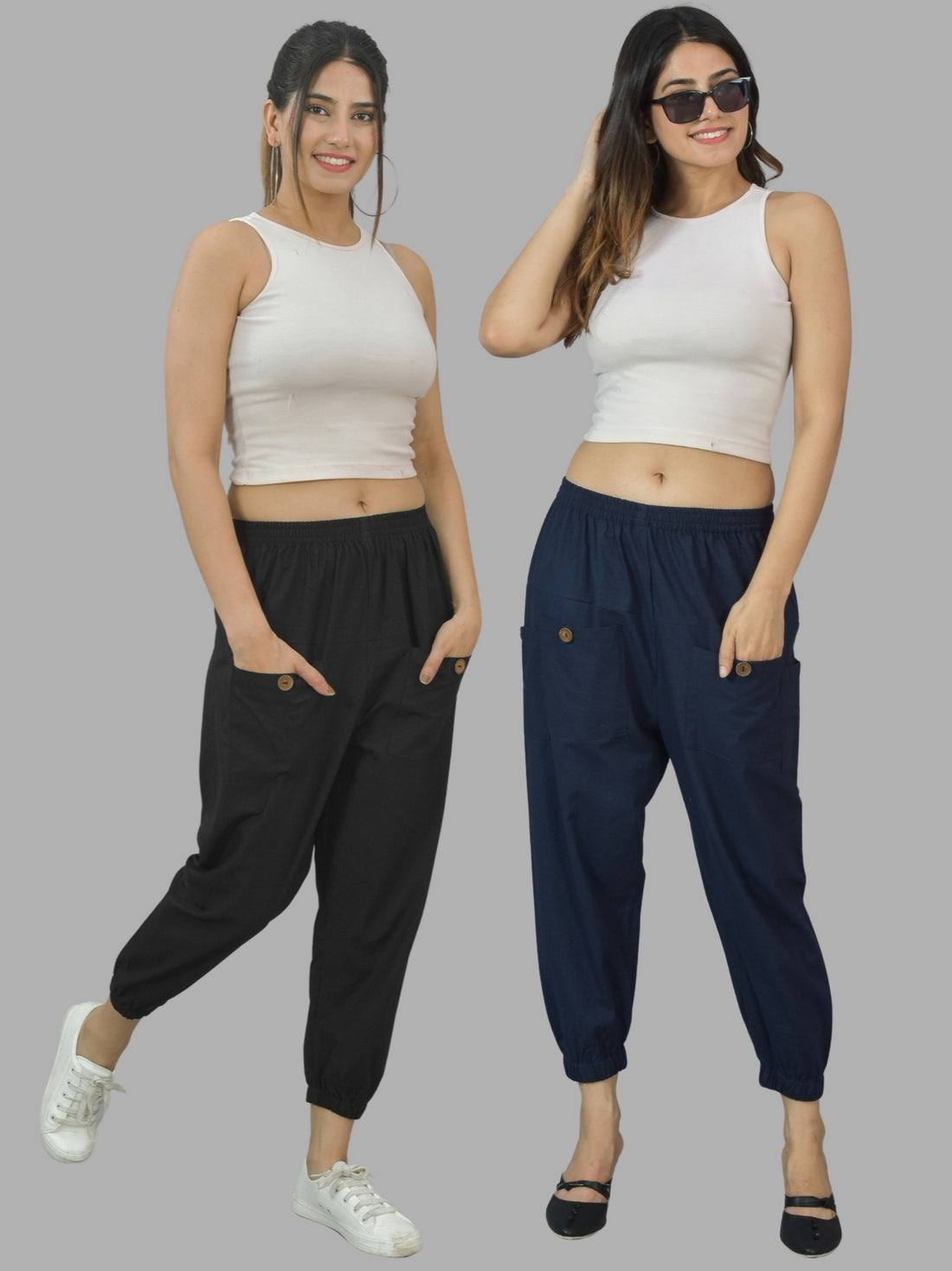 Combo Pack Of Womens Black And Dark Blue Four Pocket Cotton Cargo Pants
