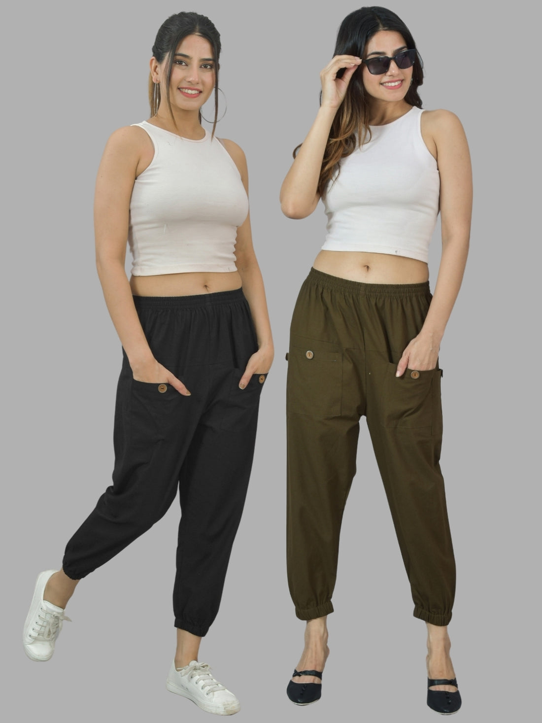 Combo Pack Of Womens Black And Dark Green Four Pocket Cotton Cargo Pants