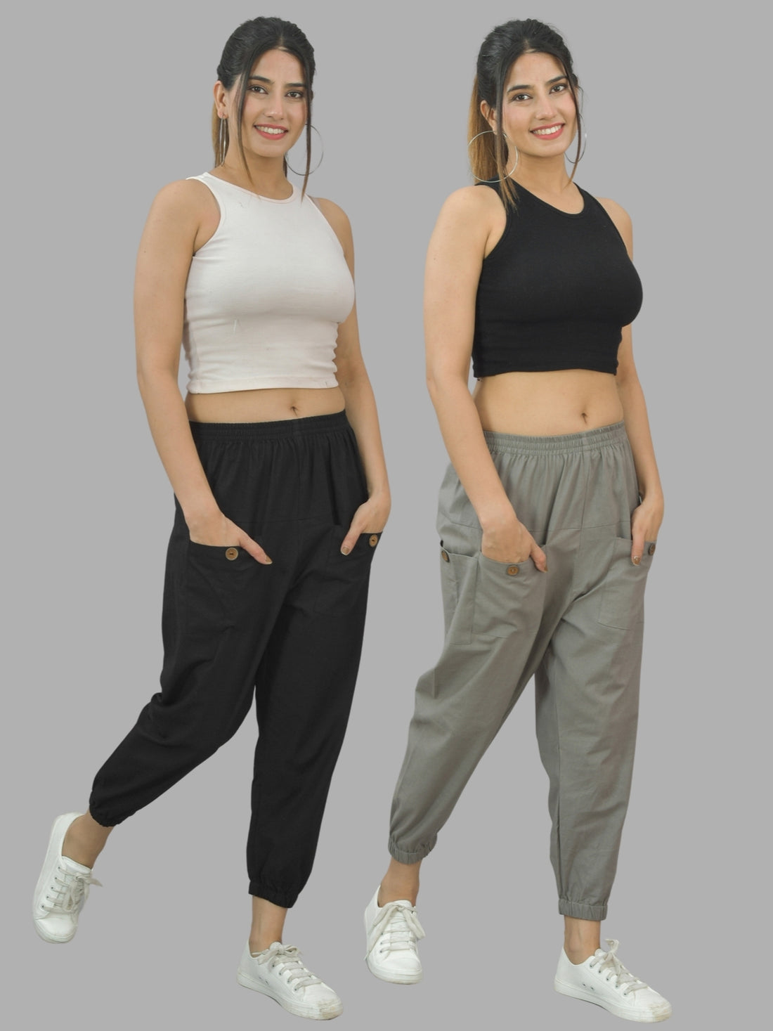 Combo Pack Of Womens Black And Grey Four Pocket Cotton Cargo Pants