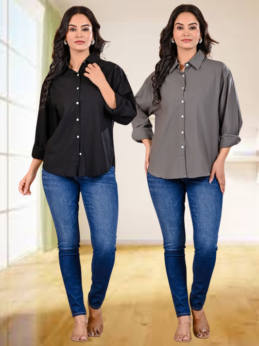 Pack Of 2 Womens Black And Grey Cotton Loose Fit Shirt Combo