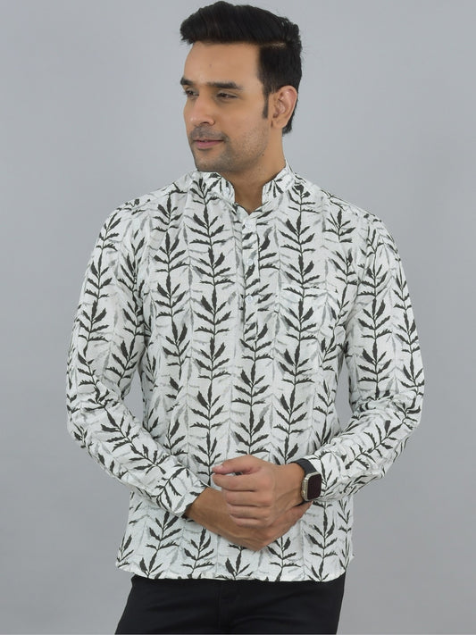 Mens Regular fit Black Leaf Printed Cotton short Kurta