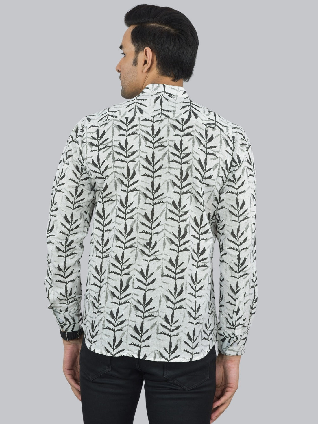 Regular Fit Black Leaf Printed Cotton Short Kurta