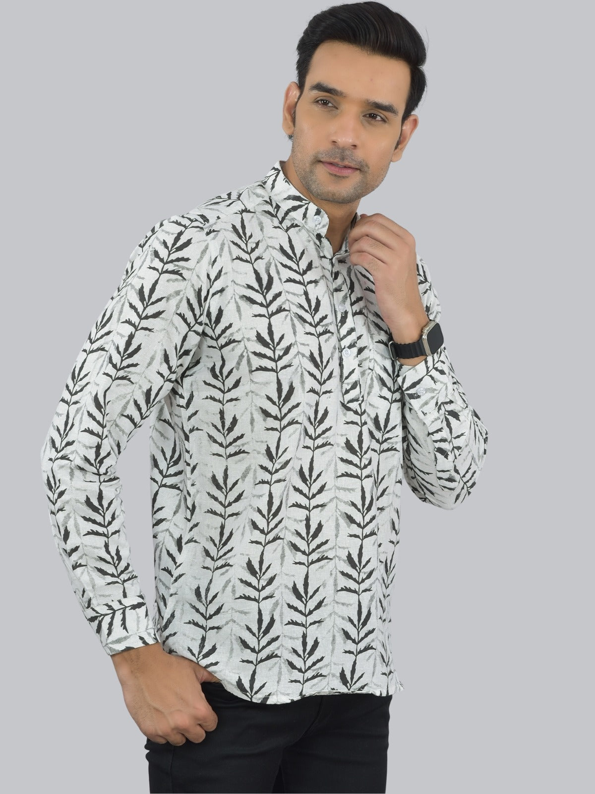 Mens Regular fit Black Leaf Printed Cotton short Kurta