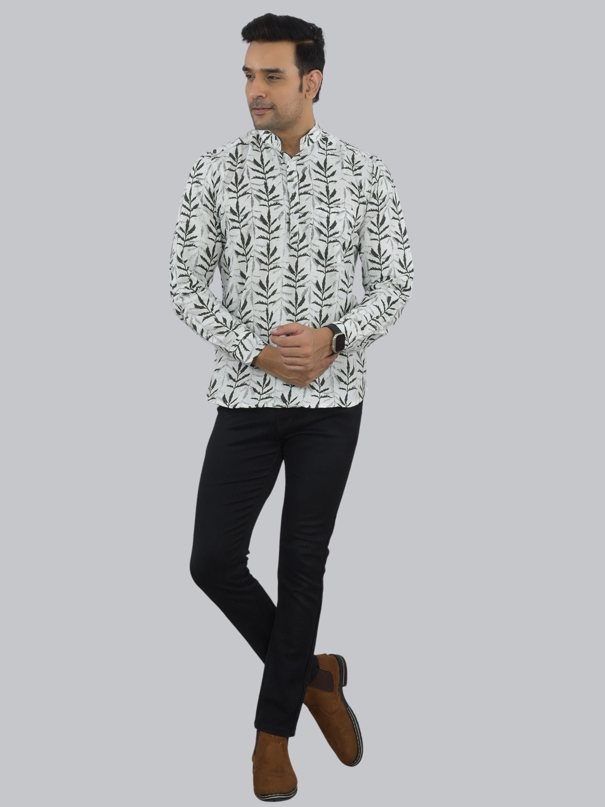 Mens Regular fit Black Leaf Printed Cotton short Kurta