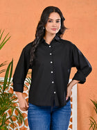 Womens Solid Black Loose Fit Cotton Shirt