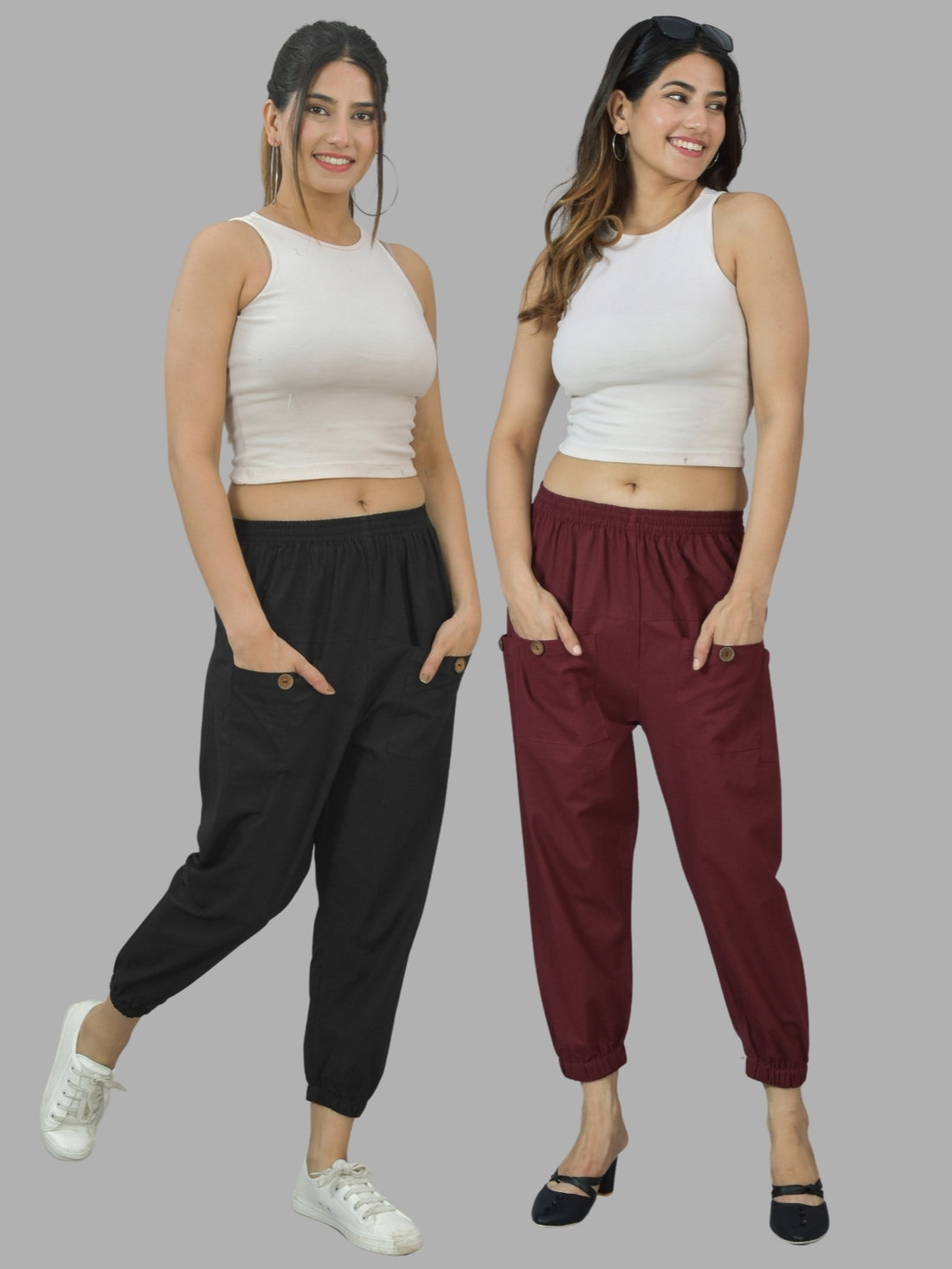 Combo Pack Of Womens Black And Maroon Four Pocket Cotton Cargo Pants