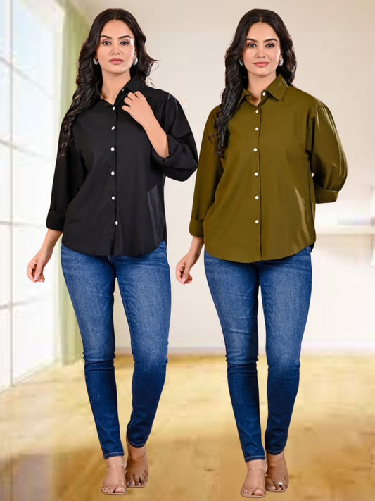 Pack Of 2 Womens Black And Mehendi Green Cotton Loose Fit Shirt Combo