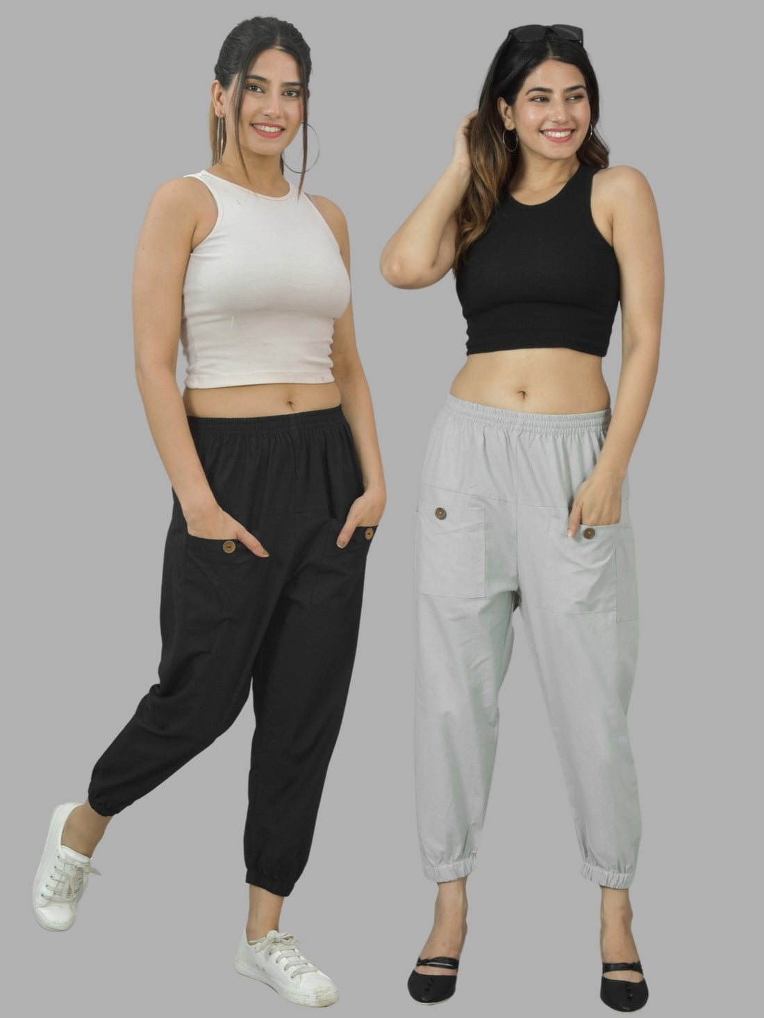 Combo Pack Of Womens Black And Melange Grey Four Pocket Cotton Cargo Pants