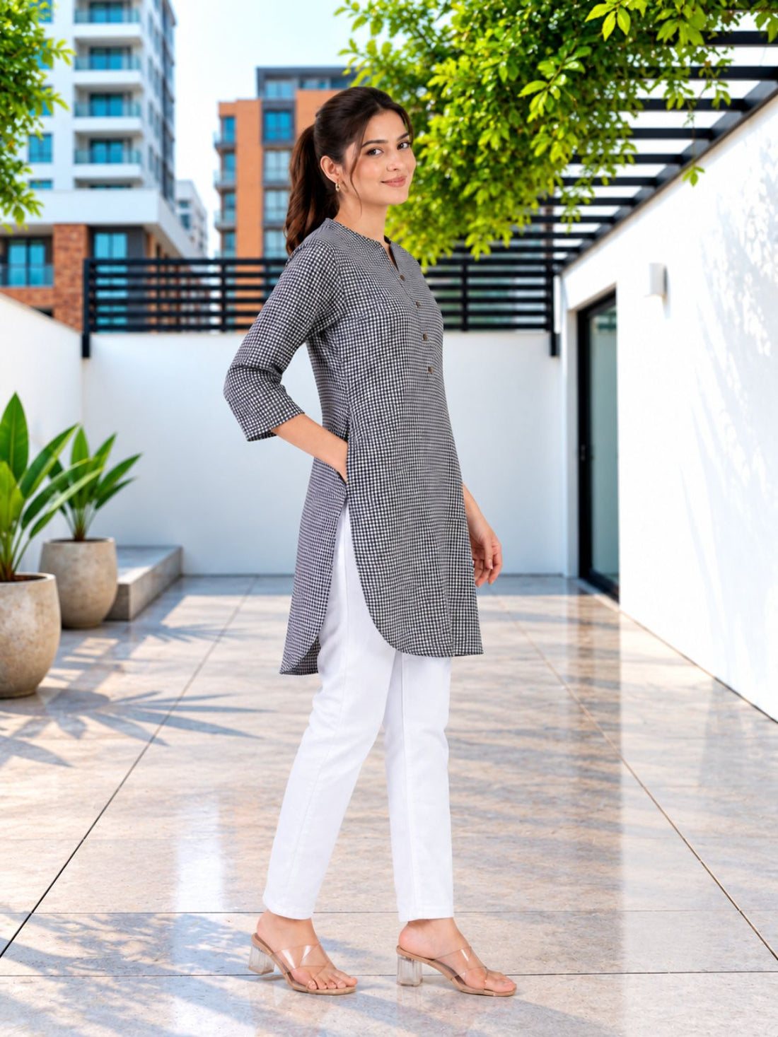Black Mini Checks Cotton Short Kurti