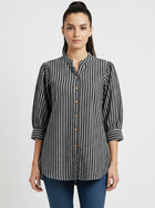 Black Pleated shoulder Vertical Stripe Shirt