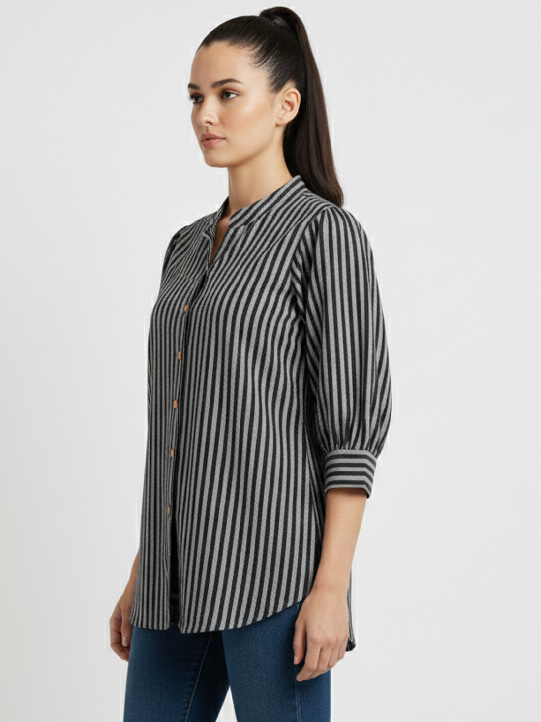Black Pleated shoulder Vertical Stripe Shirt