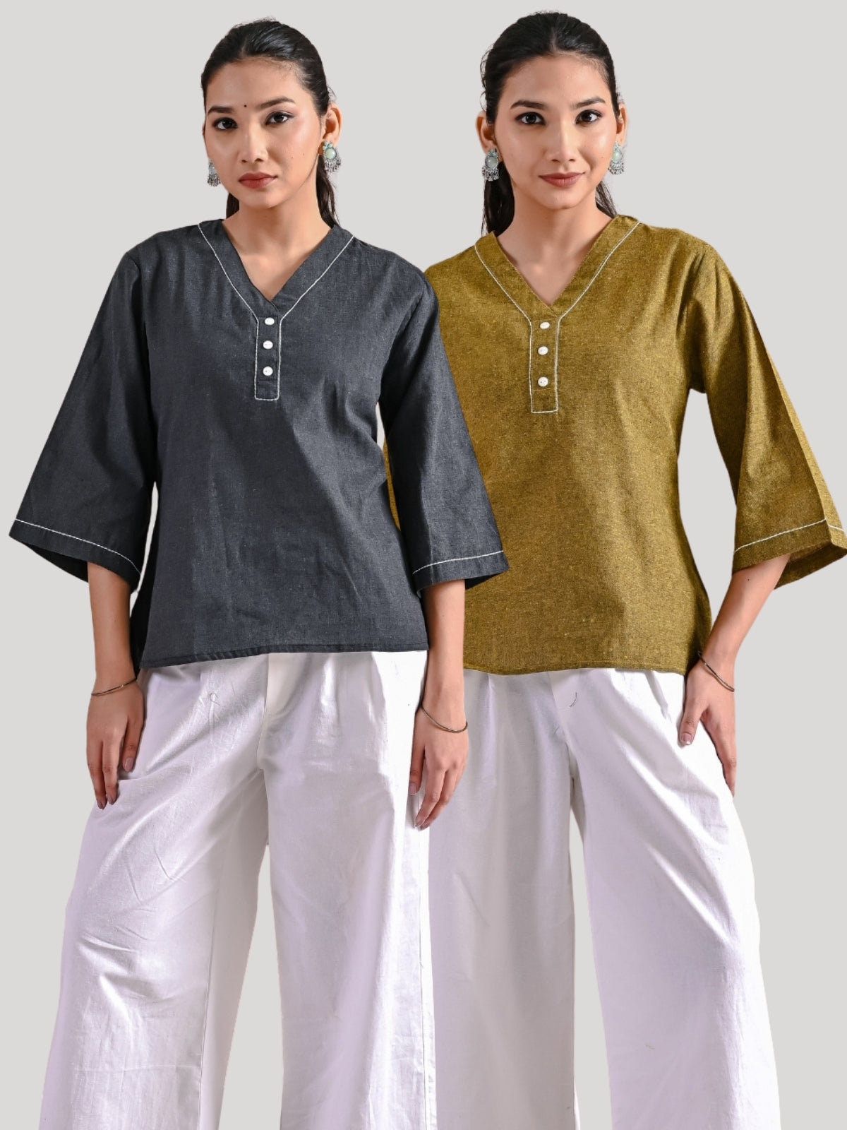 Pack Of 2 Black And Mustard Handloom Cotton Anchor Thread Designer Top ...