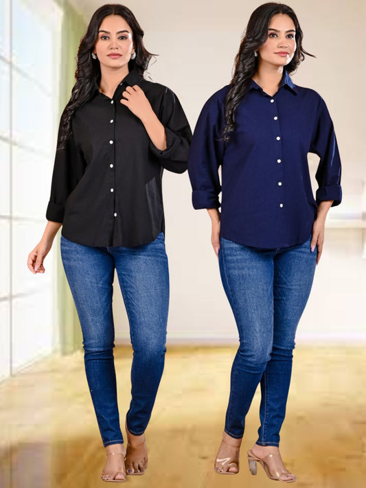 Pack Of 2 Womens Black And Navy Blue Cotton Loose Fit Shirt Combo