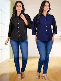 Pack Of 2 Womens Black And Navy Blue Cotton Loose Fit Shirt Combo