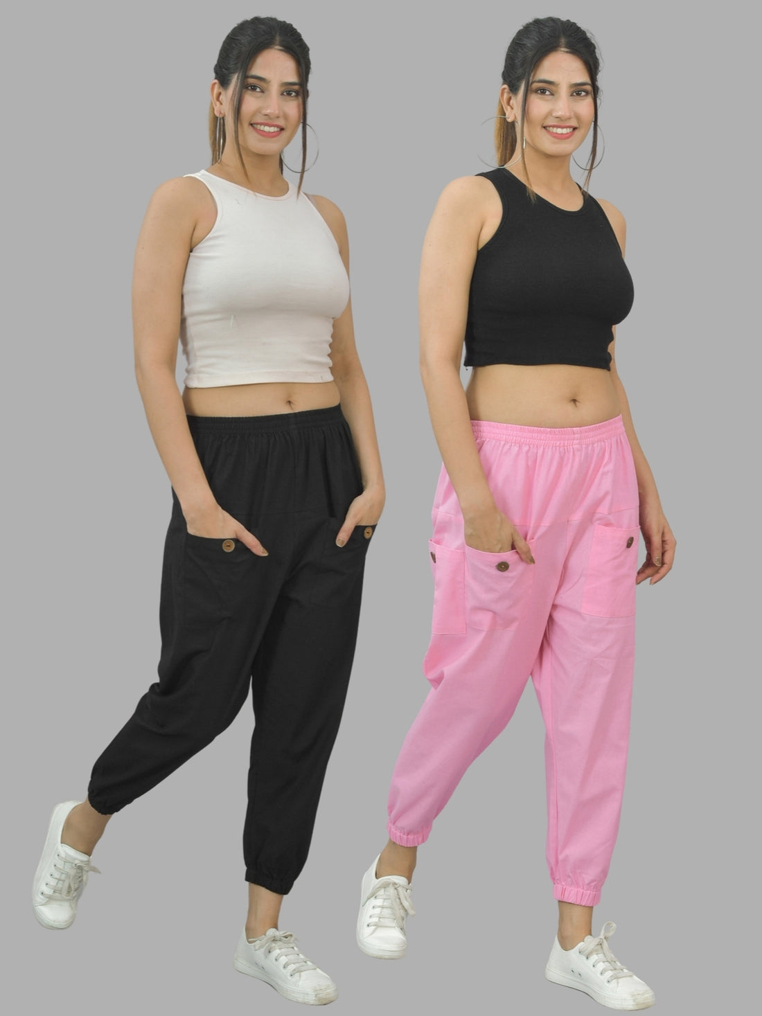 Combo Pack Of Womens Black And Pink Four Pocket Cotton Cargo Pants