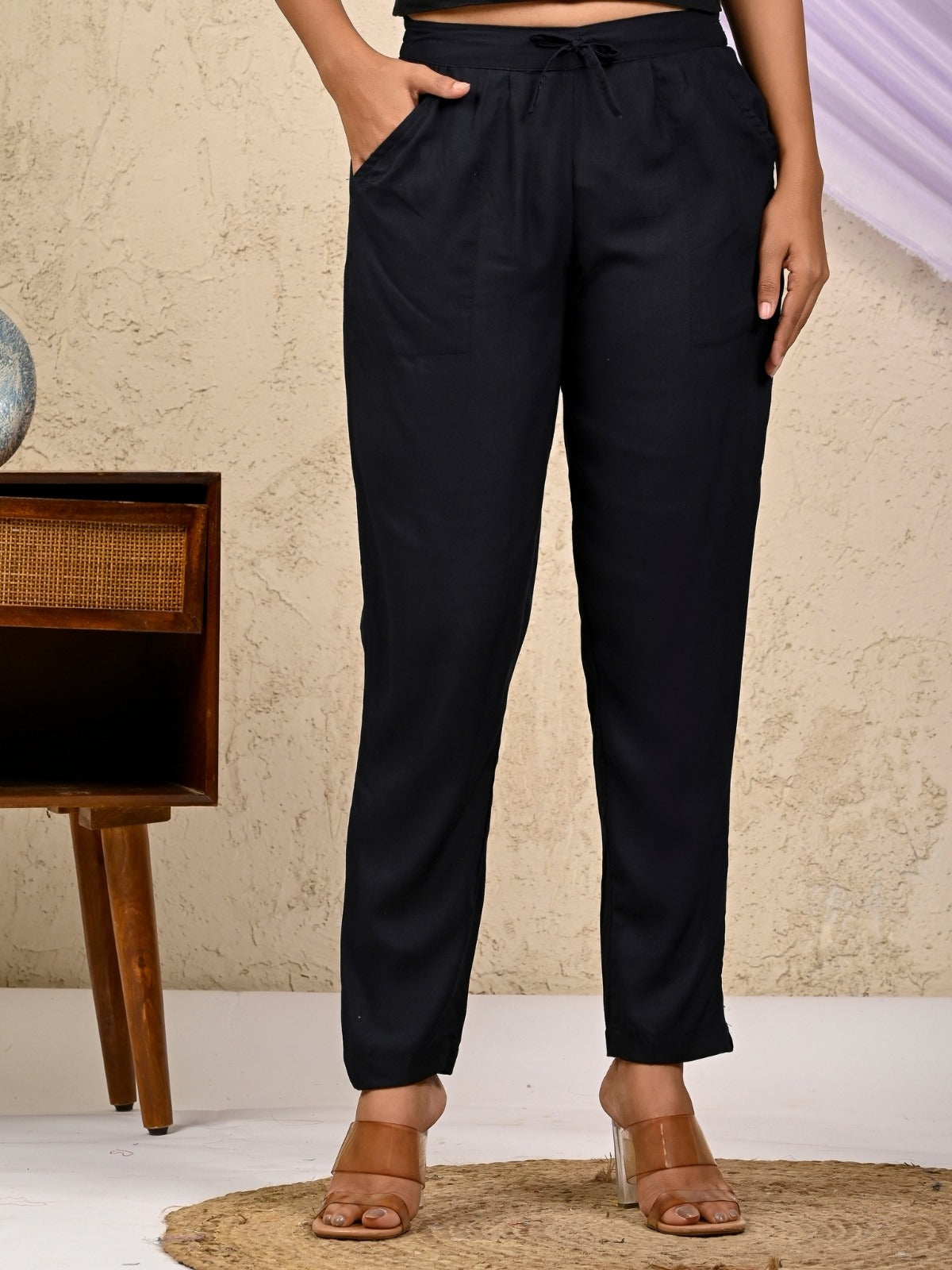 Women Regular Fit Black Rayon Trouser