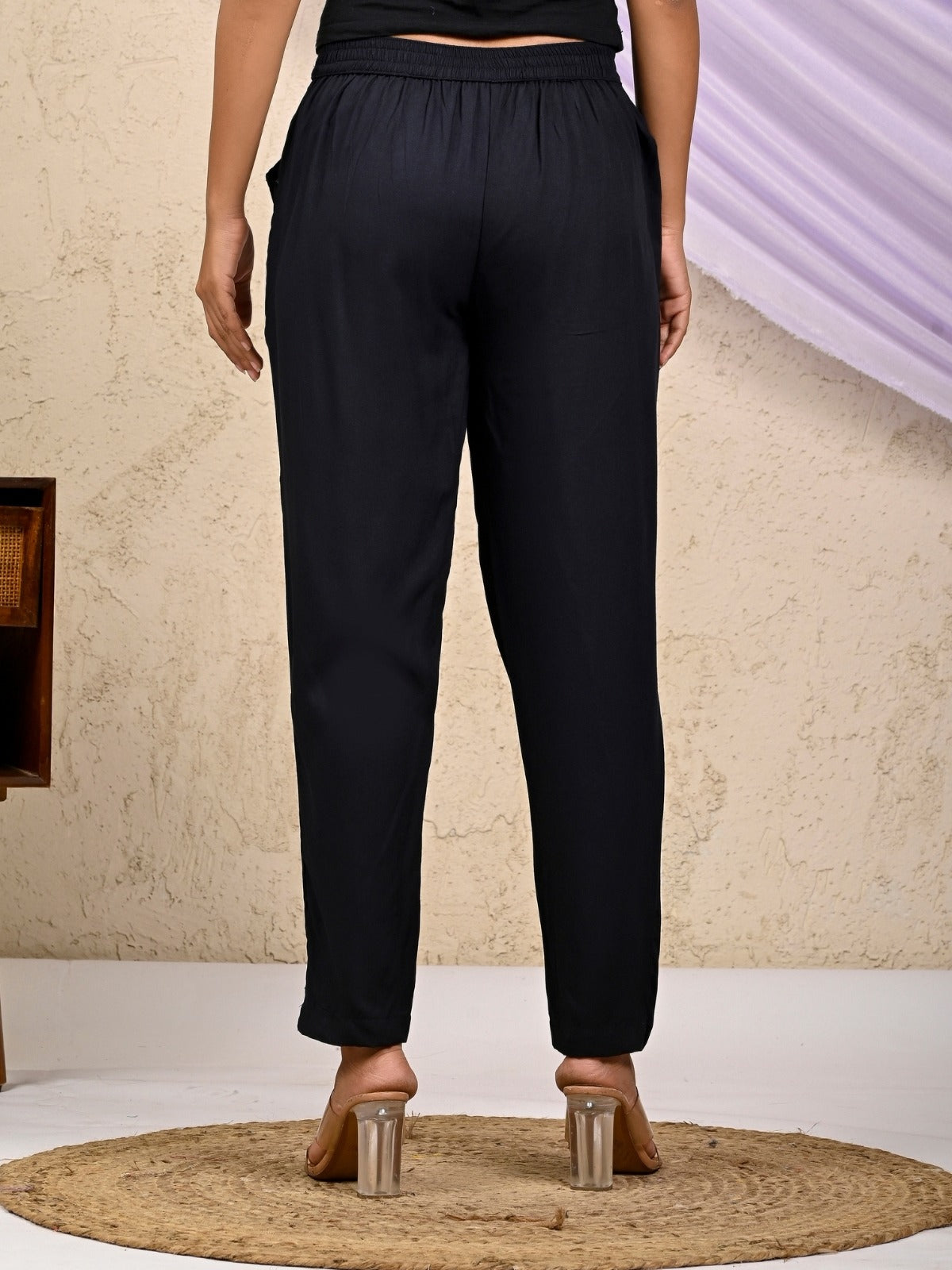 Women Regular Fit Black Rayon Trouser