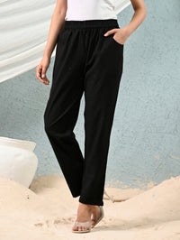 Women's Black Regular Fit Elastic Cotton Trouser