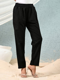 Women's Black Regular Fit Elastic Cotton Trouser