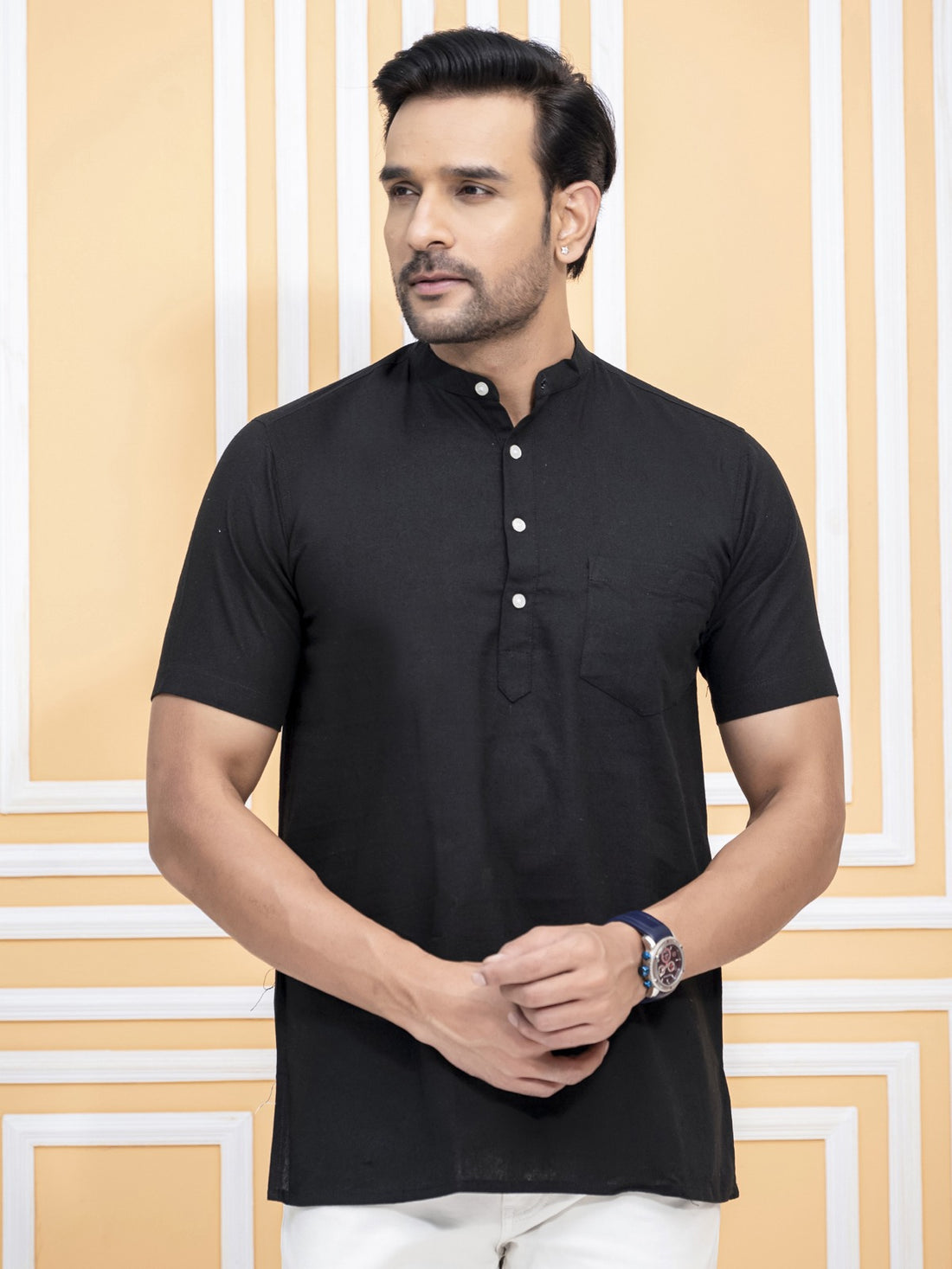 Pack Of 2 Mens Black And Navy Blue Cotton Short Kurta Combo