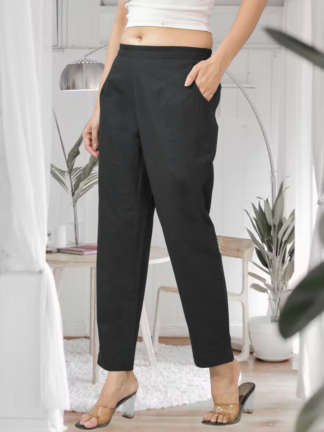 Black Half Elastic Airy Linen Cotton Pants