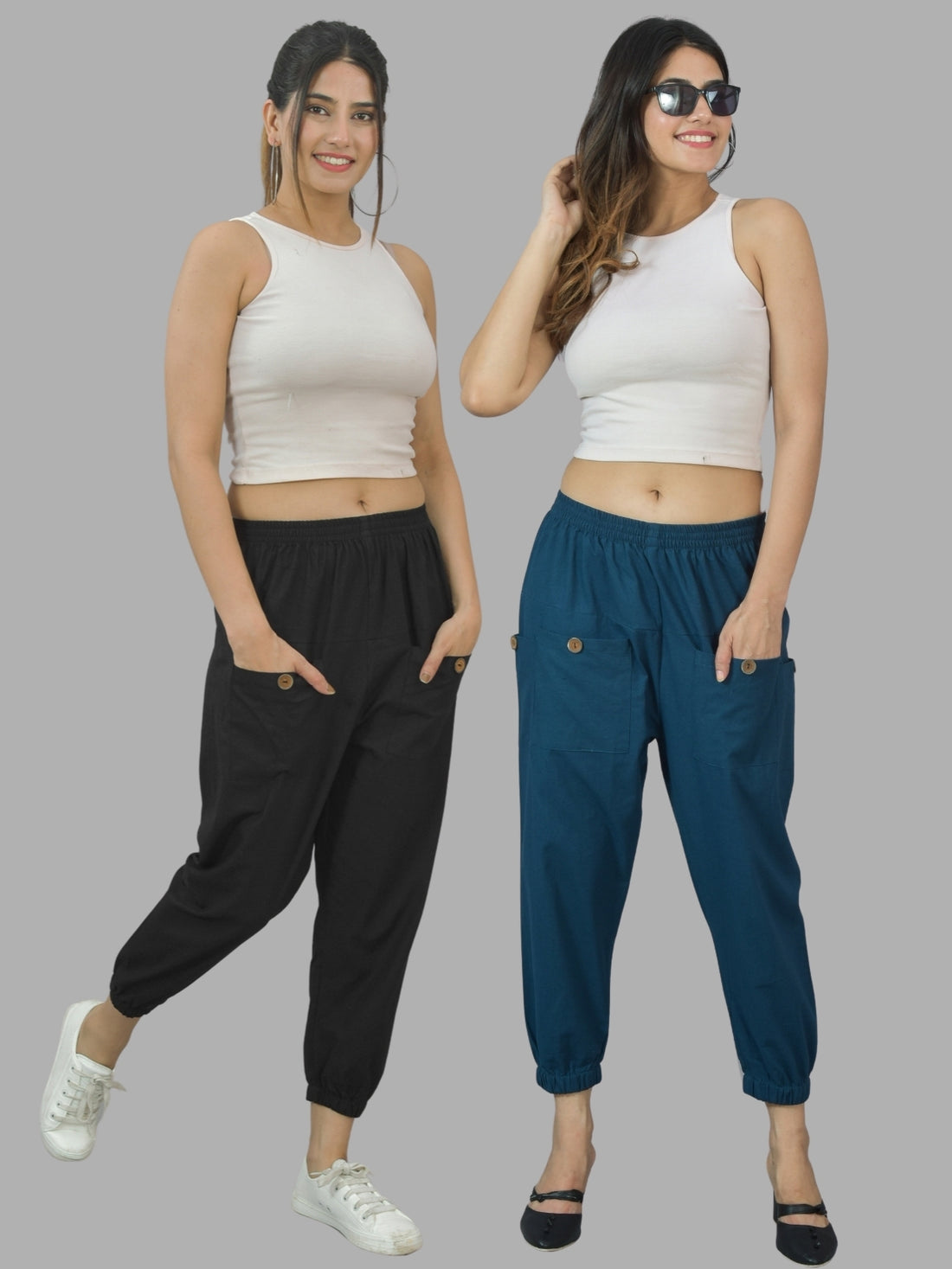 Combo Pack Of Womens Black And Teal Blue Four Pocket Cotton Cargo Pants