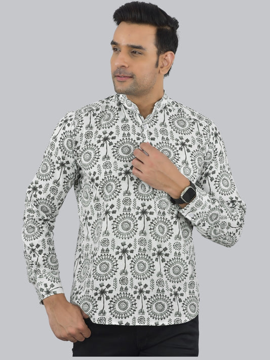 Mens Regular fit Black Tribal Printed Cotton short Kurta