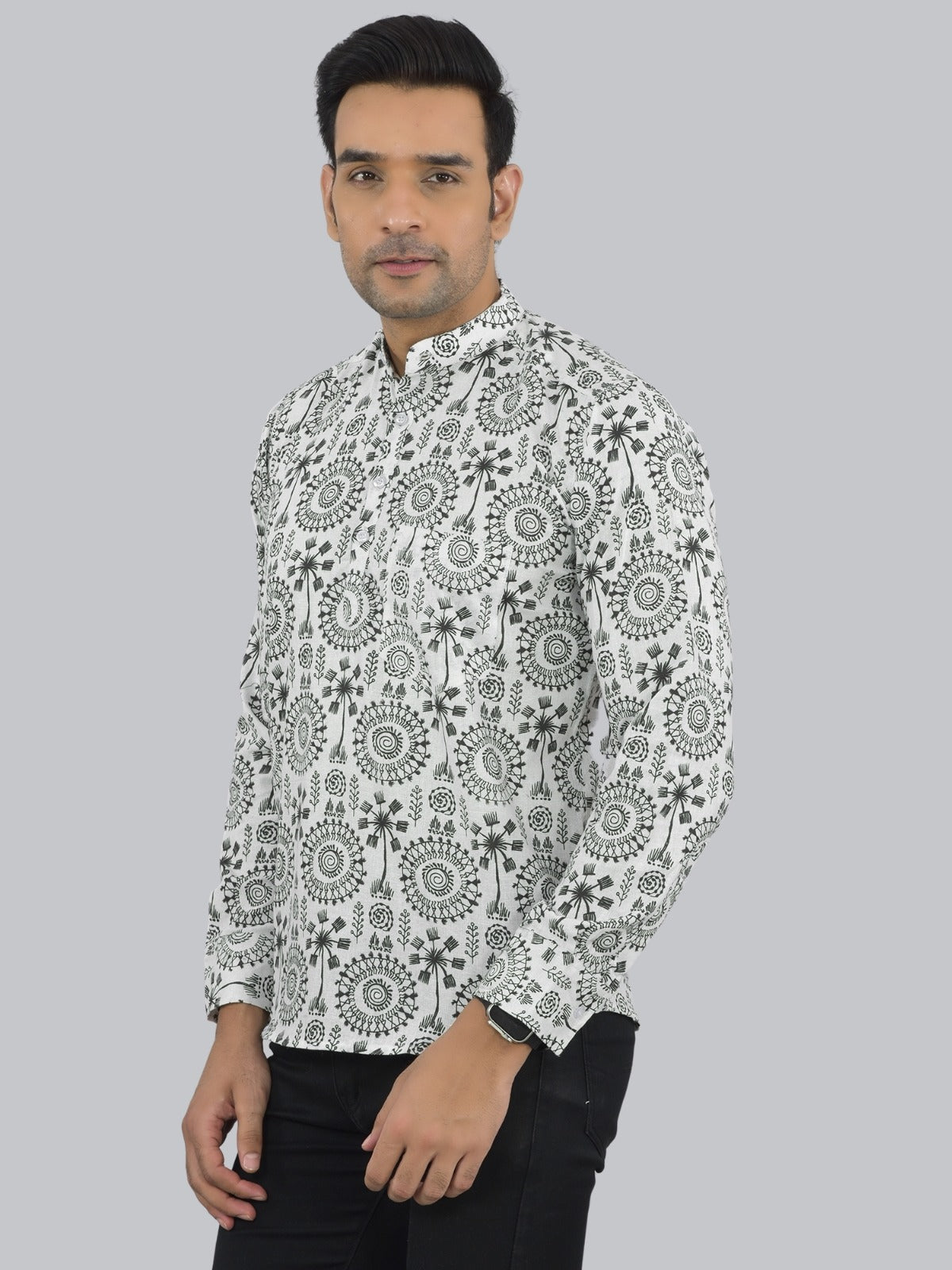 Mens Regular fit Black Tribal Printed Cotton short Kurta