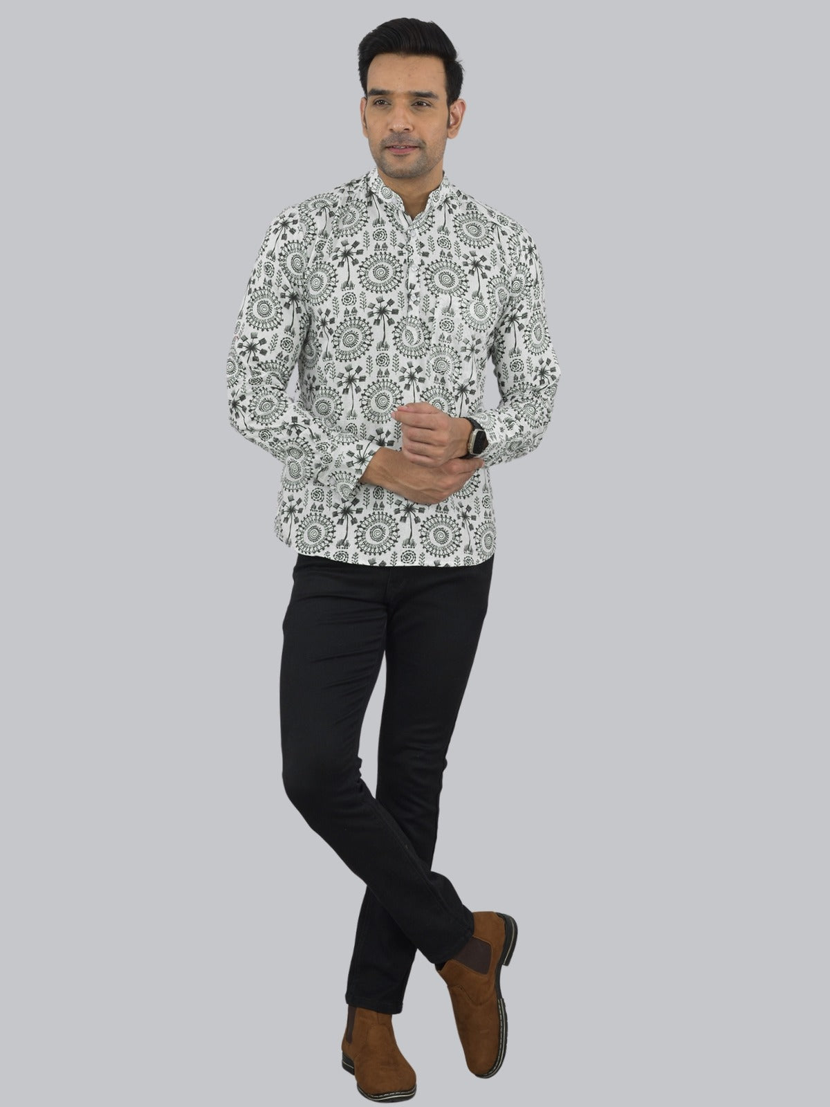 Mens Regular fit Black Tribal Printed Cotton short Kurta