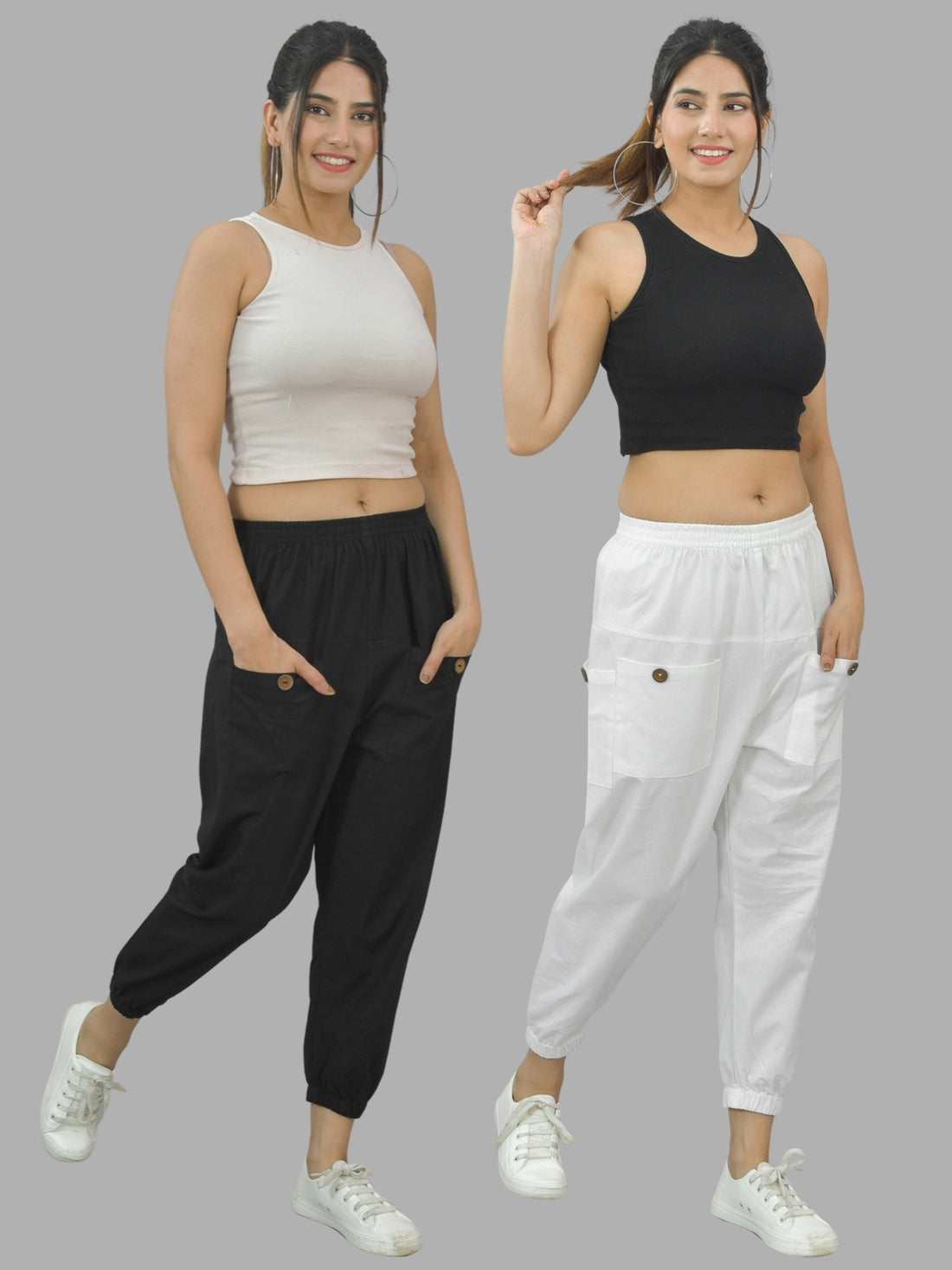 Combo Pack Of Womens Black And White Four Pocket Cotton Cargo Pants