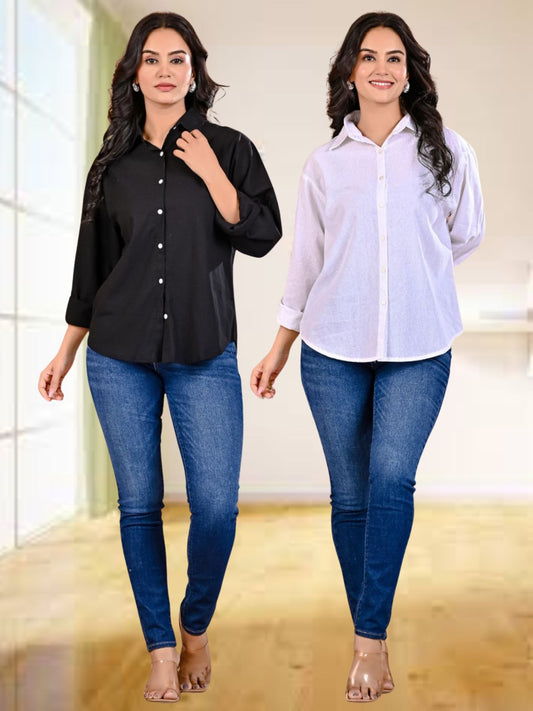 Pack Of 2 Womens Black And White Cotton Loose Fit Shirt Combo