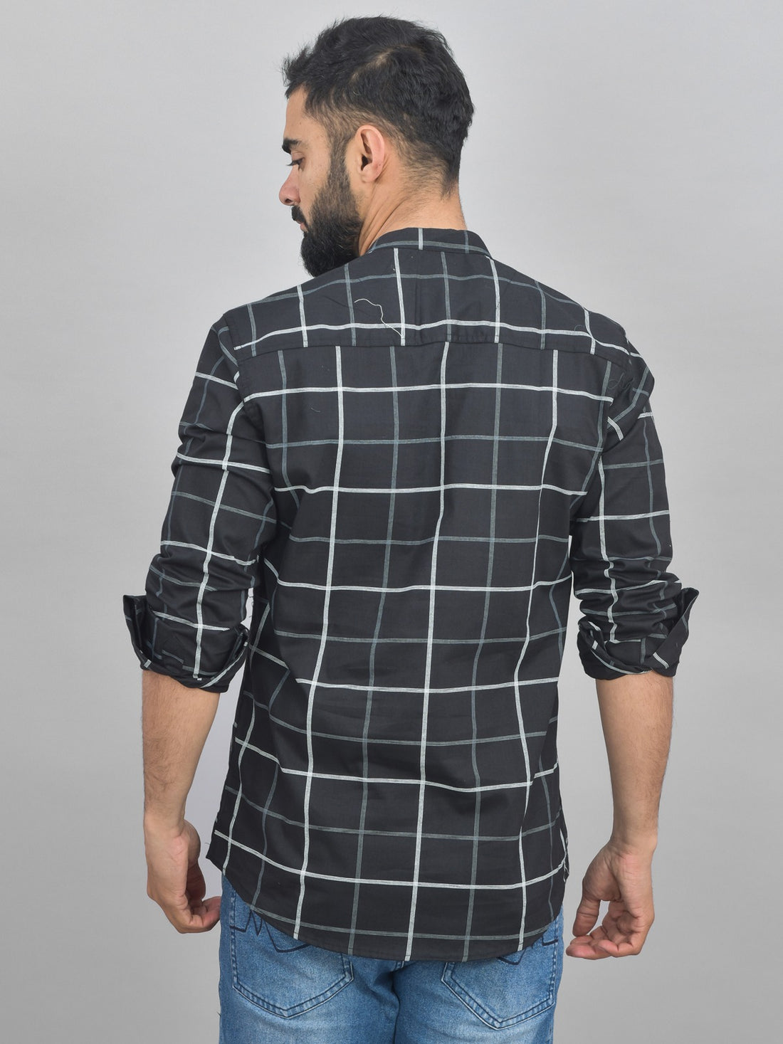 Quaclo Mens Black Wide Check Cotton Short Kurta