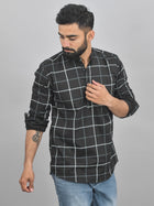 Quaclo Mens Black Wide Check Cotton Short Kurta