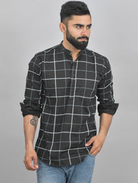 Pack Of 2 Mens Black And Navy Blue Wide Check Cotton Short Kurta Combo