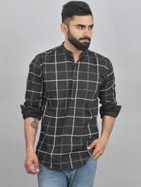 Pack Of 2 Mens Black Wide And Green Check Cotton Short Kurta Combo