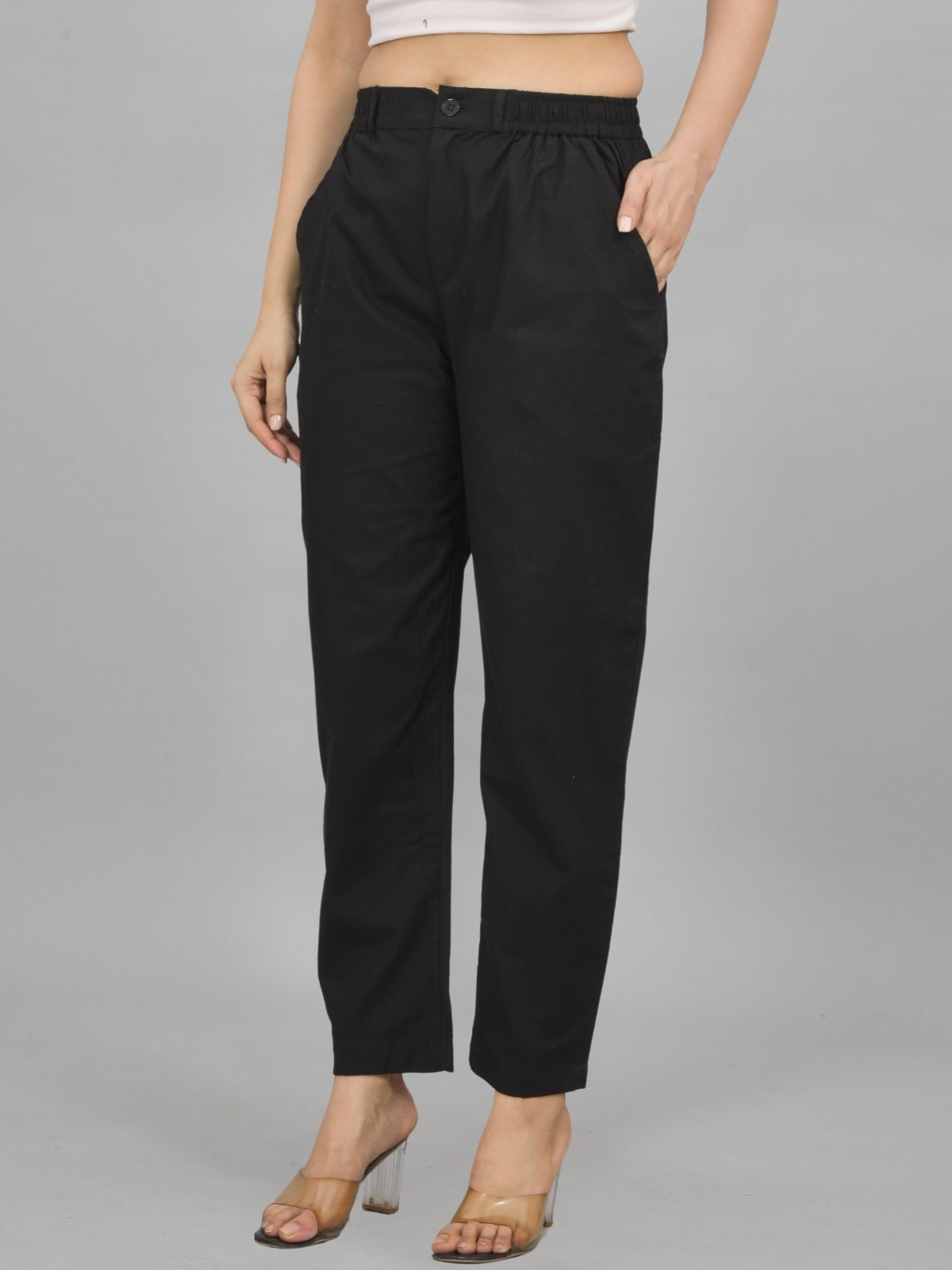 Womens Black Regular Fit Cotton Formal Trouser