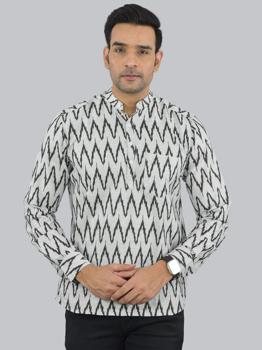 Mens Regular fit Black Zig-Zag Printed Cotton short Kurta