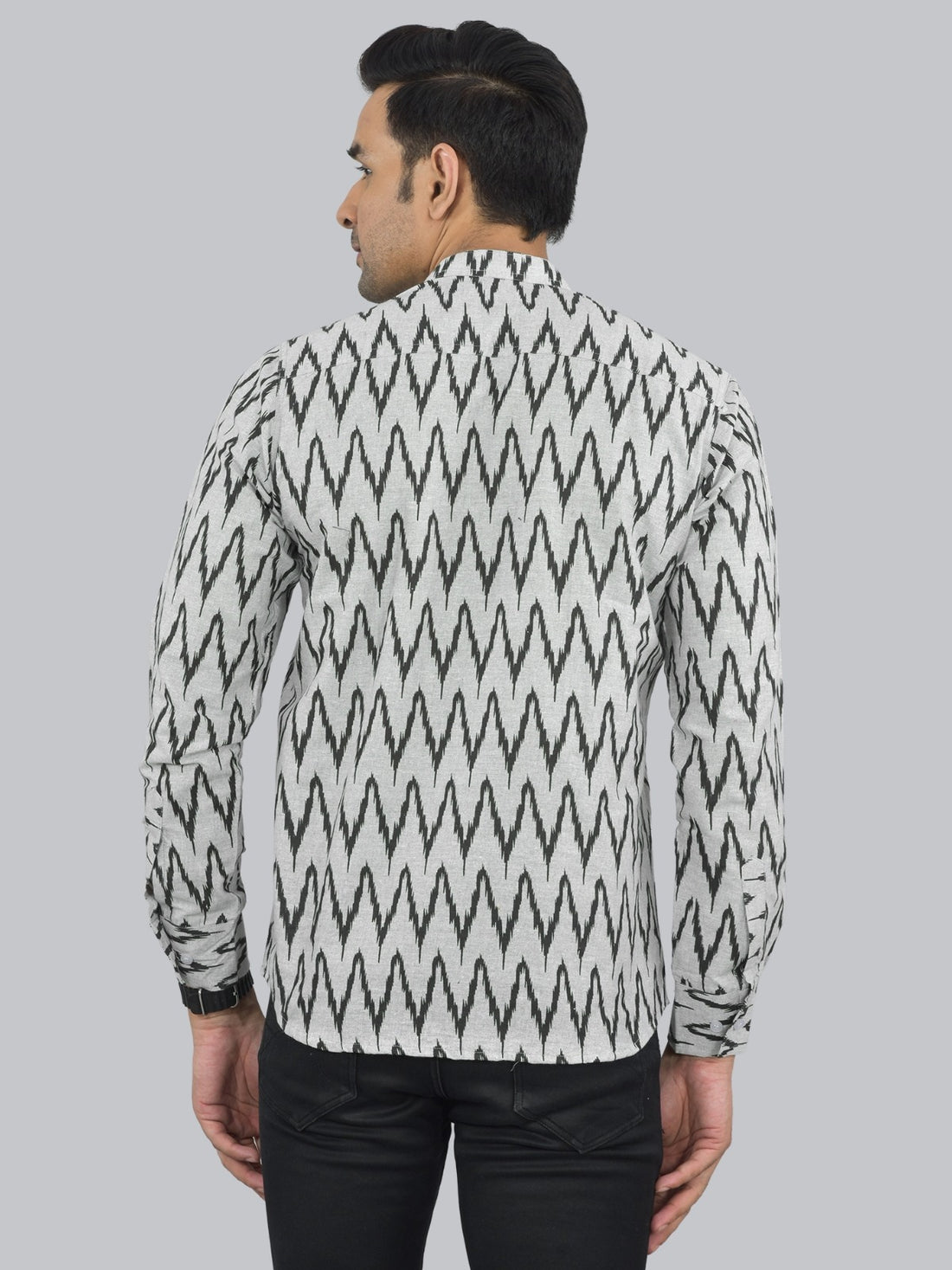 Regular Fit Black Zig-Zag Printed Cotton Short Kurta