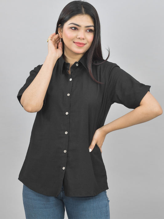 Women Solid Black Half Sleeve Spread Collar Cotton Shirt