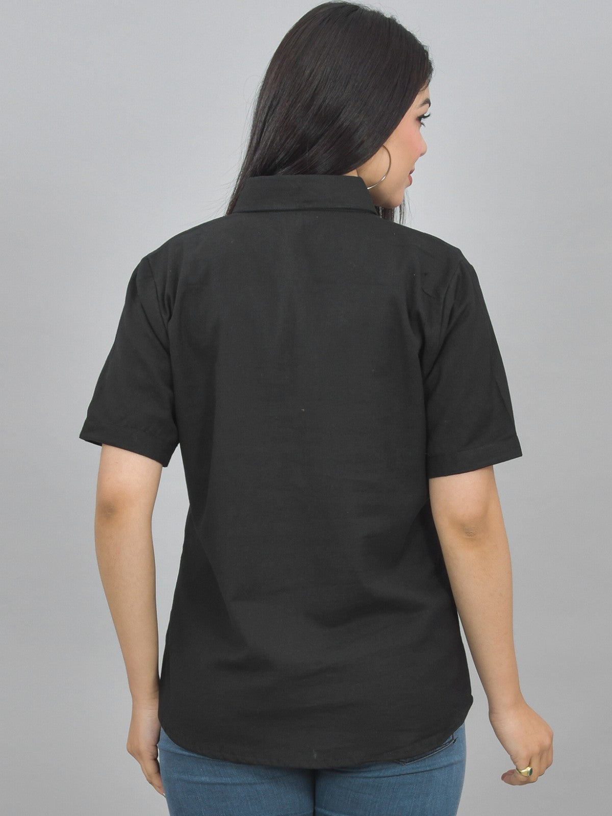 Women Solid Black Half Sleeve Spread Collar Cotton Shirt