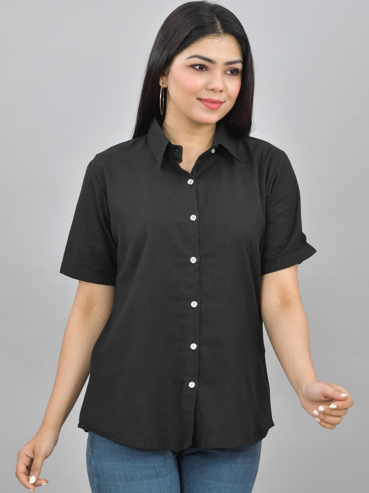 Women Solid Black Half Sleeve Spread Collar Cotton Shirt