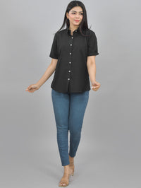 Women Solid Black Half Sleeve Spread Collar Cotton Shirt