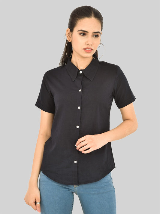 Womens Regular Fit Black Half Sleeve Cotton Shirt