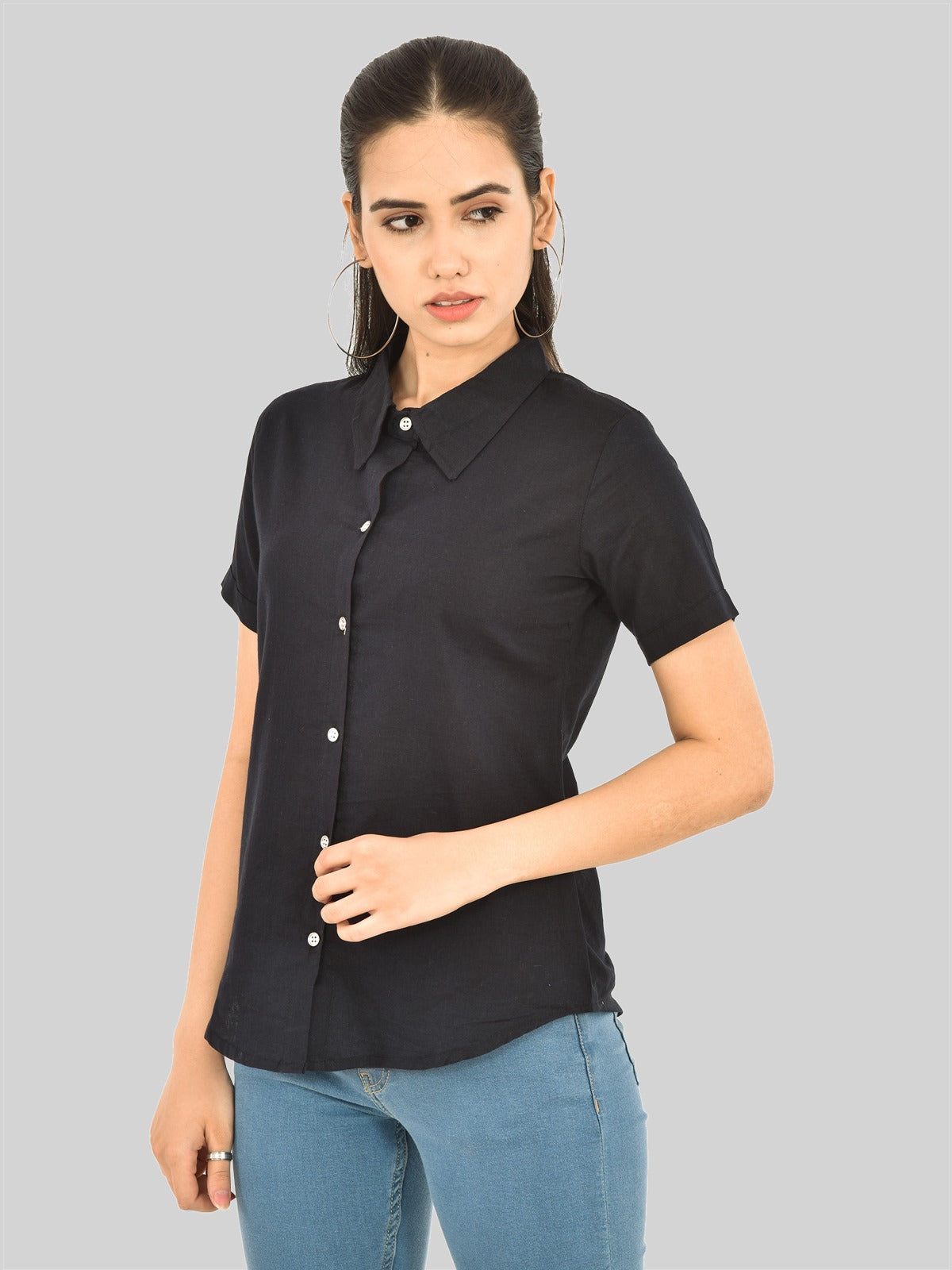 Womens Regular Fit Black Half Sleeve Cotton Shirt